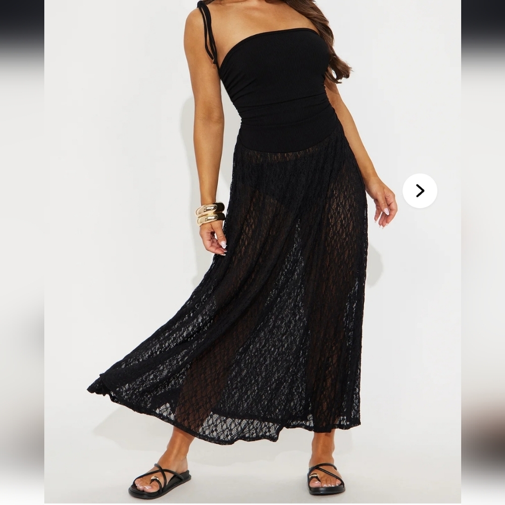 Fashion Nova Black Sheer Lace Maxi Dress with Double Tie Straps
